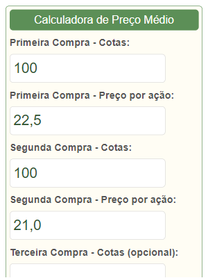 Calculadora de preço médio de ações com solução e explicação detalhada>